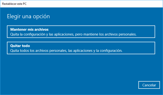 Windows 10: Restablecer PC Opciones