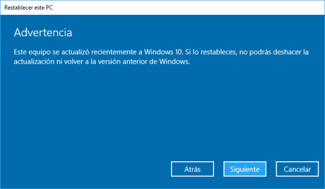 Windows 10: Restablecer PC Quitar Todo Advertencia