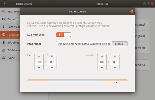 Ubuntu. Configuración Pantallas Luz Nocturna