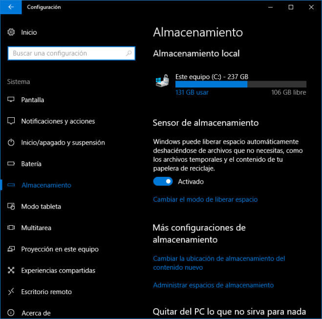 Windows 10: Configuración de Almacenamiento
