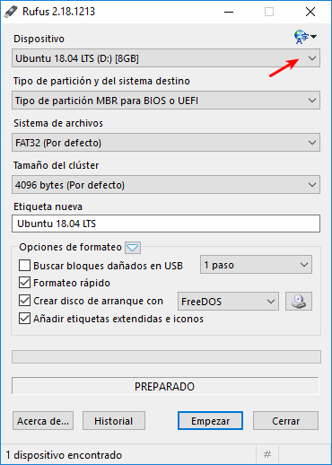 Rufus. Seleccionar Dispositivo