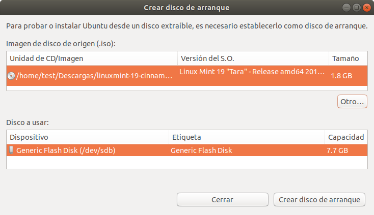 Startup Disk Creator. Seleccionar Dispositivo