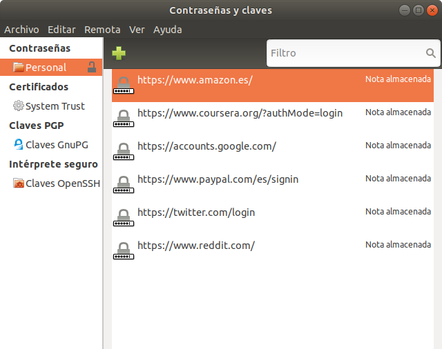 Seahorse. Ver Depósito de Contraseñas Desbloqueado