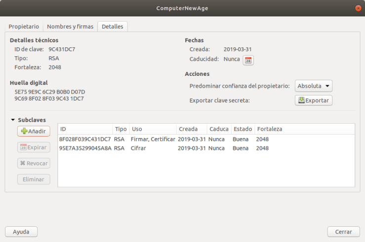 Seahorse. Par de Claves PGP. Detalles