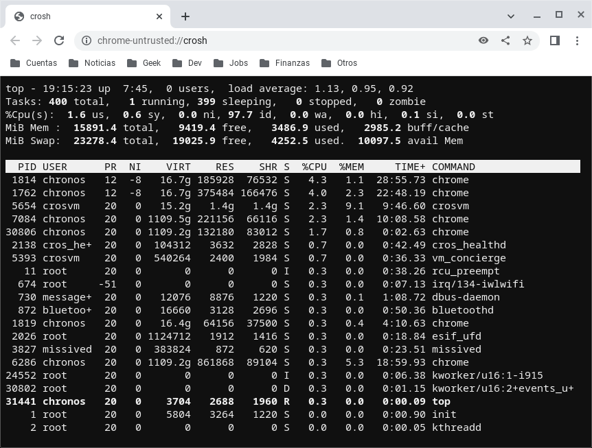 ChromeOS. Crosh Shell Top
