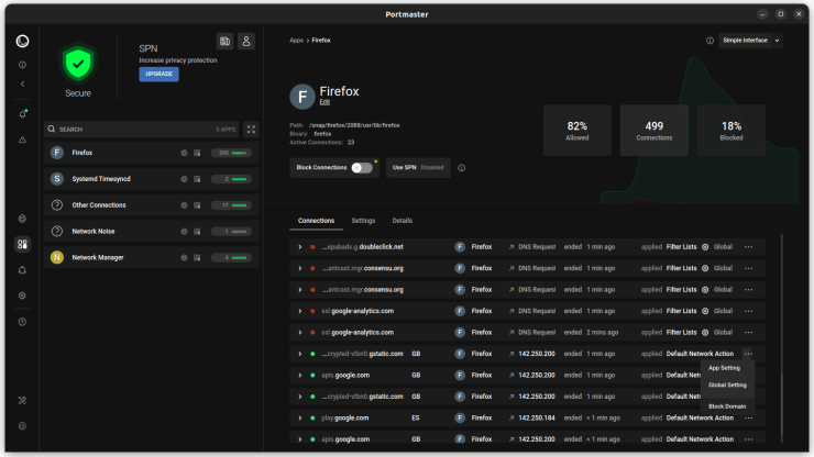 Portmaster. Aplicación. Actividad de Red. Conexiones