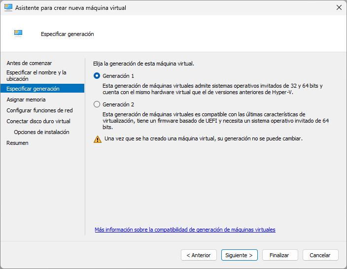 Hyper-V. Creación Máquina Virtual. Generación