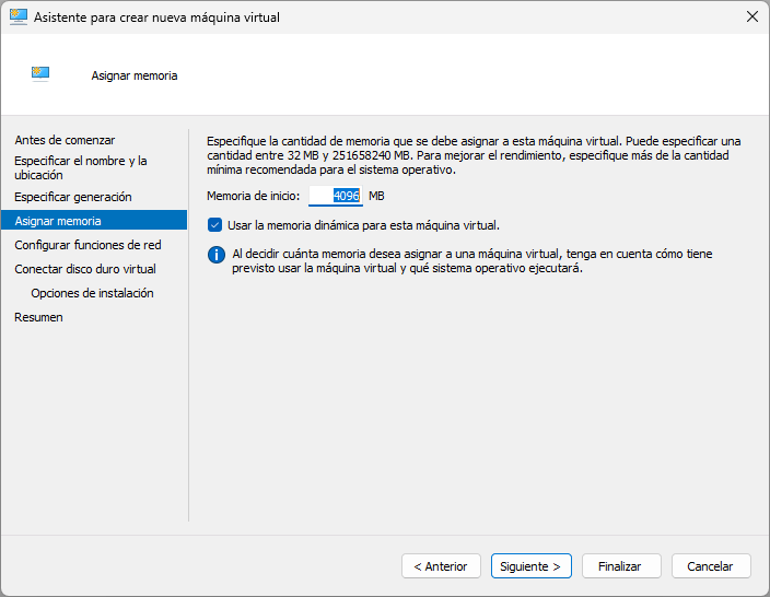 Hyper-V. Creación Máquina Virtual. Memoria