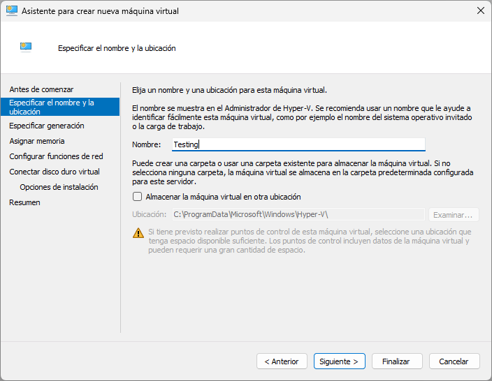 Hyper-V. Creación Máquina Virtual. Nombre