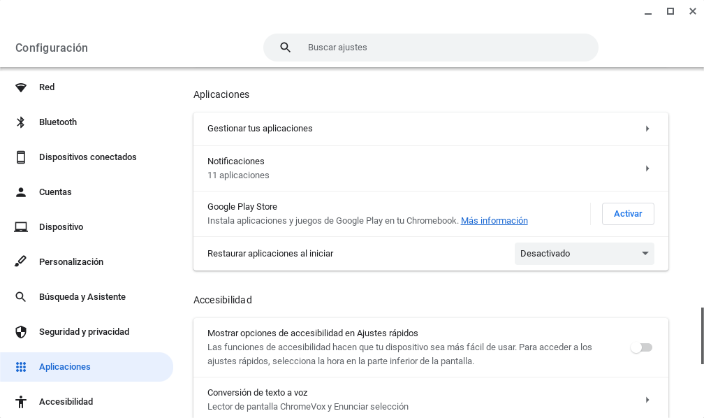 ChromeOS. Configuración. Play Store