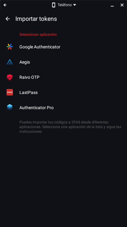 2FAS. Configuración Inicial. Importar desde Aplicación Externa